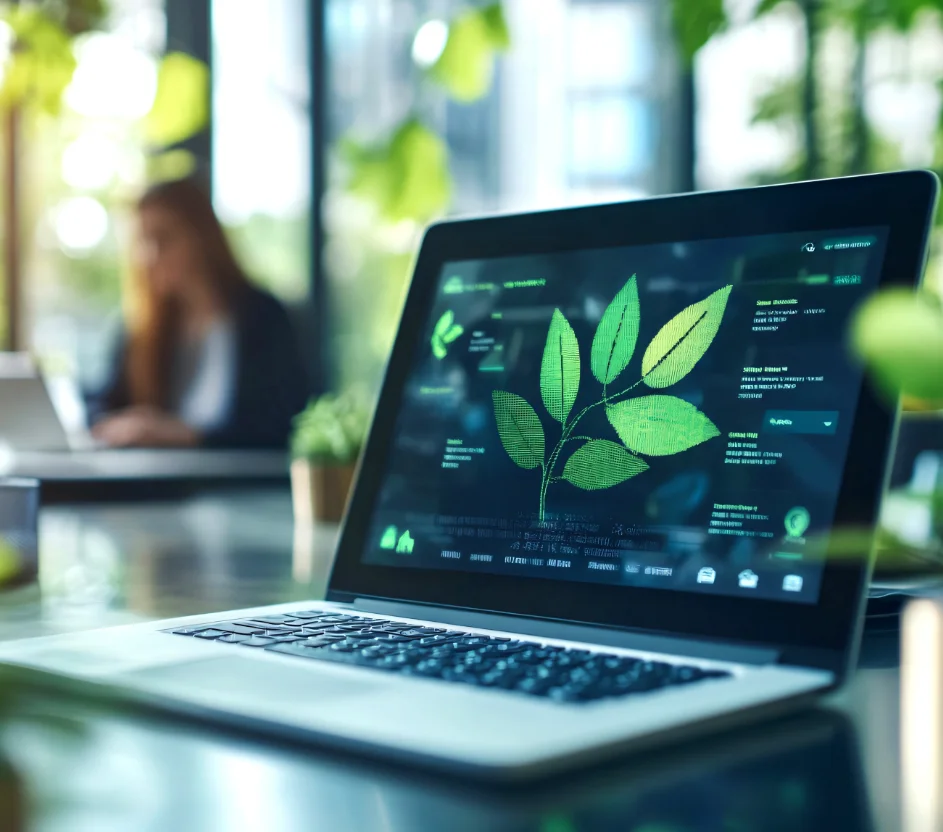 Notebook em uma mesa, na tela fotos de galhos com folhas, ao fundo mulher trabalhando e plantas