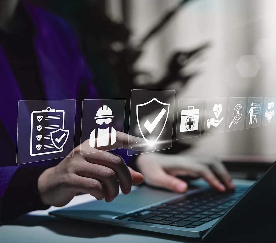 Imagem de pessoa digitando em notebook, acima ícones de segurança e profissões.