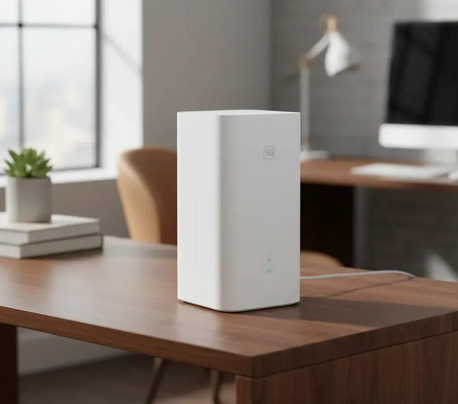 Imagem do roteador 5g Huawei branco, em cima de uma mesa de madeira em um escritório