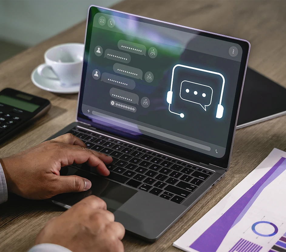Imagem de notebook, na tela simulação de chat com ícone de headset e balão de fala.