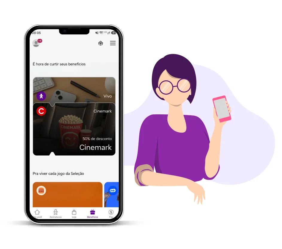 Smartphone com tela de Vivo Valoriza Vivo ao lado de ilustração segurando celular.