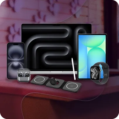 Imagem com diversos eletrônicos: iPhone, Macbook, fone de ouvido e tablet