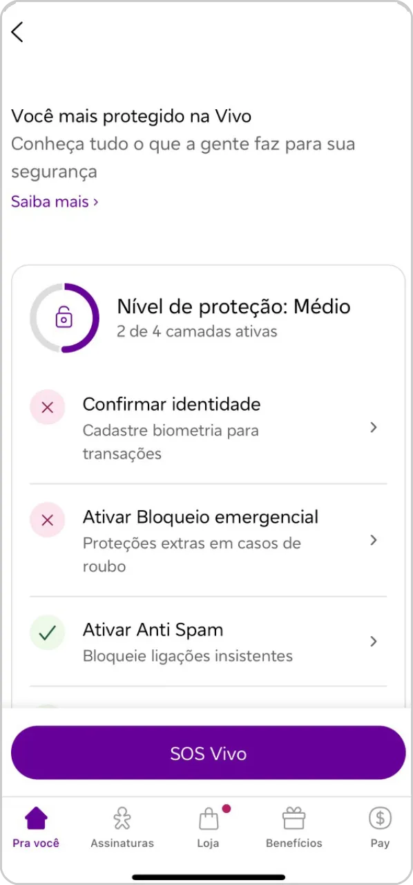Captura de tela do app Vivo com foco na seção "Você mais protegido na Vivo".
