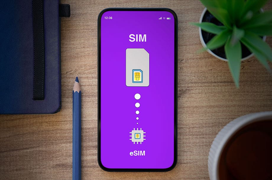 Imagem de um celular com imagem de um SIM card e um eSIM na tela.