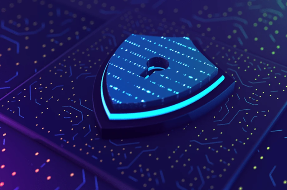 Ilustração tecnológica de escudo com uma abertura de cadeado no meio.