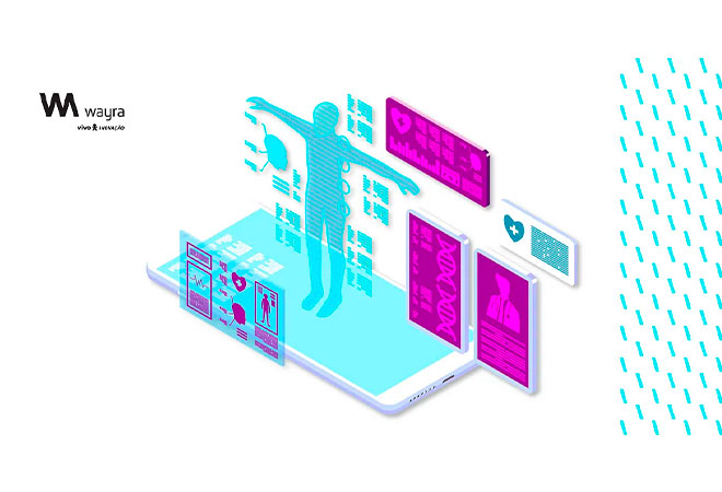 Ilustração de um smartphone com informações de saúde saindo da tela.