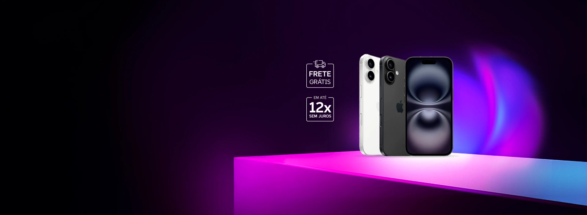 Imagem do iPhone 16, modelos branco e preto, selos de frete grátis e 12x sem juros.
