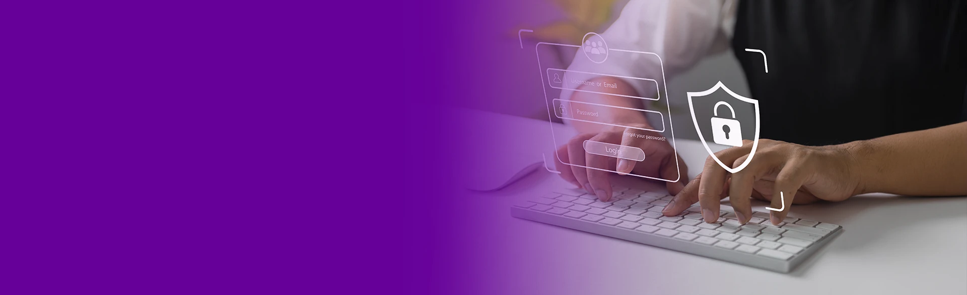 Imagem de pessoa digitando em teclado, acima ícone de login e senha e cadeado de segurança.