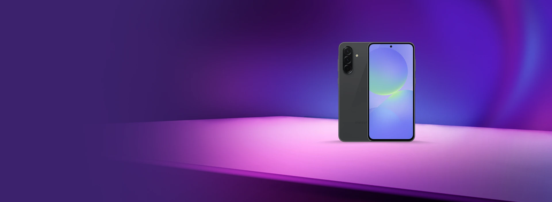 Imagem com fundo roxo e smartphone Samsung Galaxy A36.