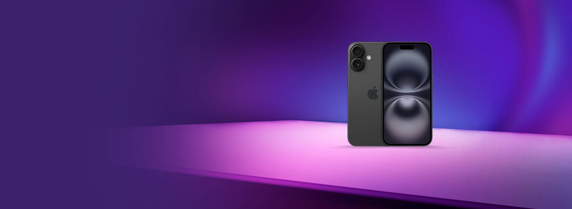 Imagem com fundo roxo e smartphone Apple iPhone 16.