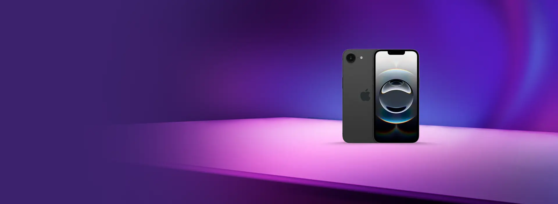 Fundo roxa mesclado com roxo e o aparelho Iphone 16e.
