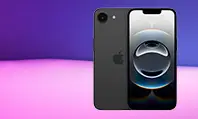 Fundo roxo mesclado com roxo e o aparelho Iphone 16e.