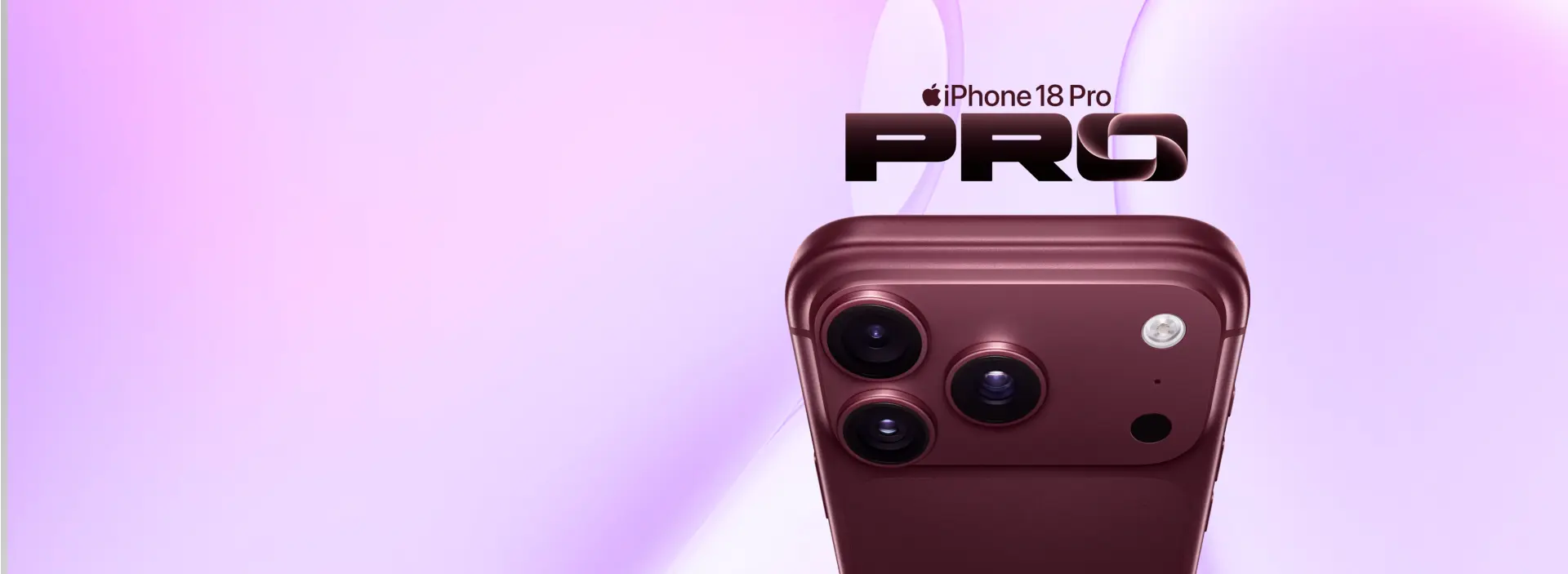 iPhone 18 Pro com acabamento vinho sobre fundo em tons de lilás.