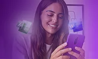 Mulher no celular com os ícones da Microsoft aparecendo perto dela