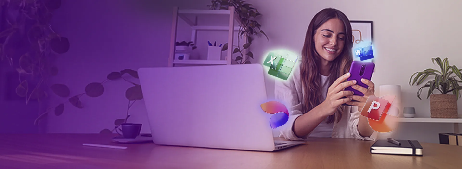 Mulher no celular com os ícones da Microsoft aparecendo perto dela