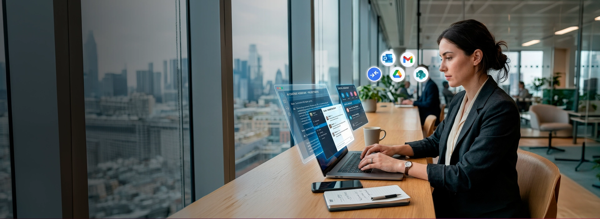 Pessoa trabalha em notebook com integrações Google Workspace em escritório.