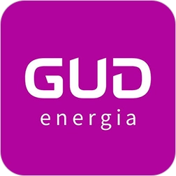 Logotipo da GUD Energia com nome da marca em destaque sobre fundo magenta.