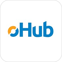 Logotipo da oHub com símbolo circular em azul e laranja ao lado do nome da marca.