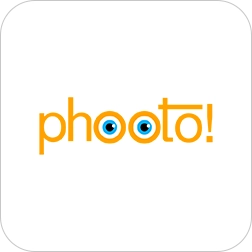 Logotipo da Phooto com letras amarelas e olhos azuis nas letras centrais.