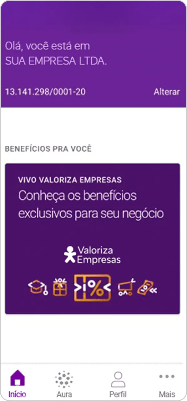 Captura da tela inicial do app Meu Vivo Empresas.